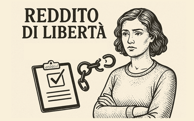 Disegno simbolico del Reddito di Libertà 2025: donna libera da violenza, catene spezzate e modulo INPS