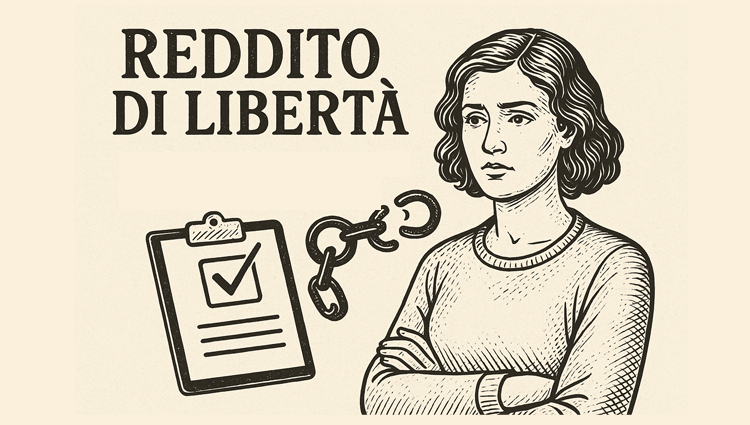 Disegno simbolico del Reddito di Libertà 2025: donna libera da violenza, catene spezzate e modulo INPS